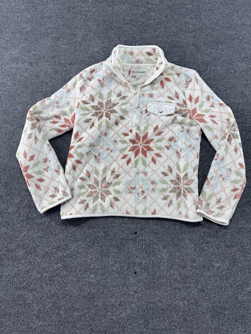 Wallflower Sweater Teens Large White Fleece 1/4 Zip Fair Isle Snowflake Pullover